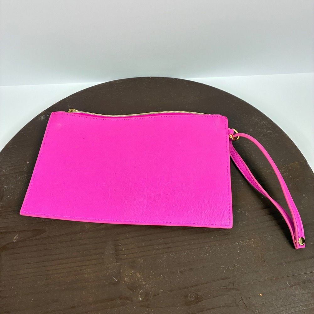 Ted Baker Wristlet Clutch Bag Pink Saffiano Leather Gold Logo Hot Pink Zip - Picture 3 of 9